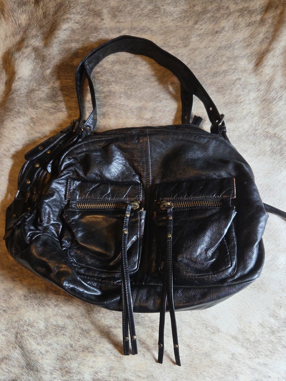 latico Black Leather Shoulder Bag with Dual Front Zip Pockets